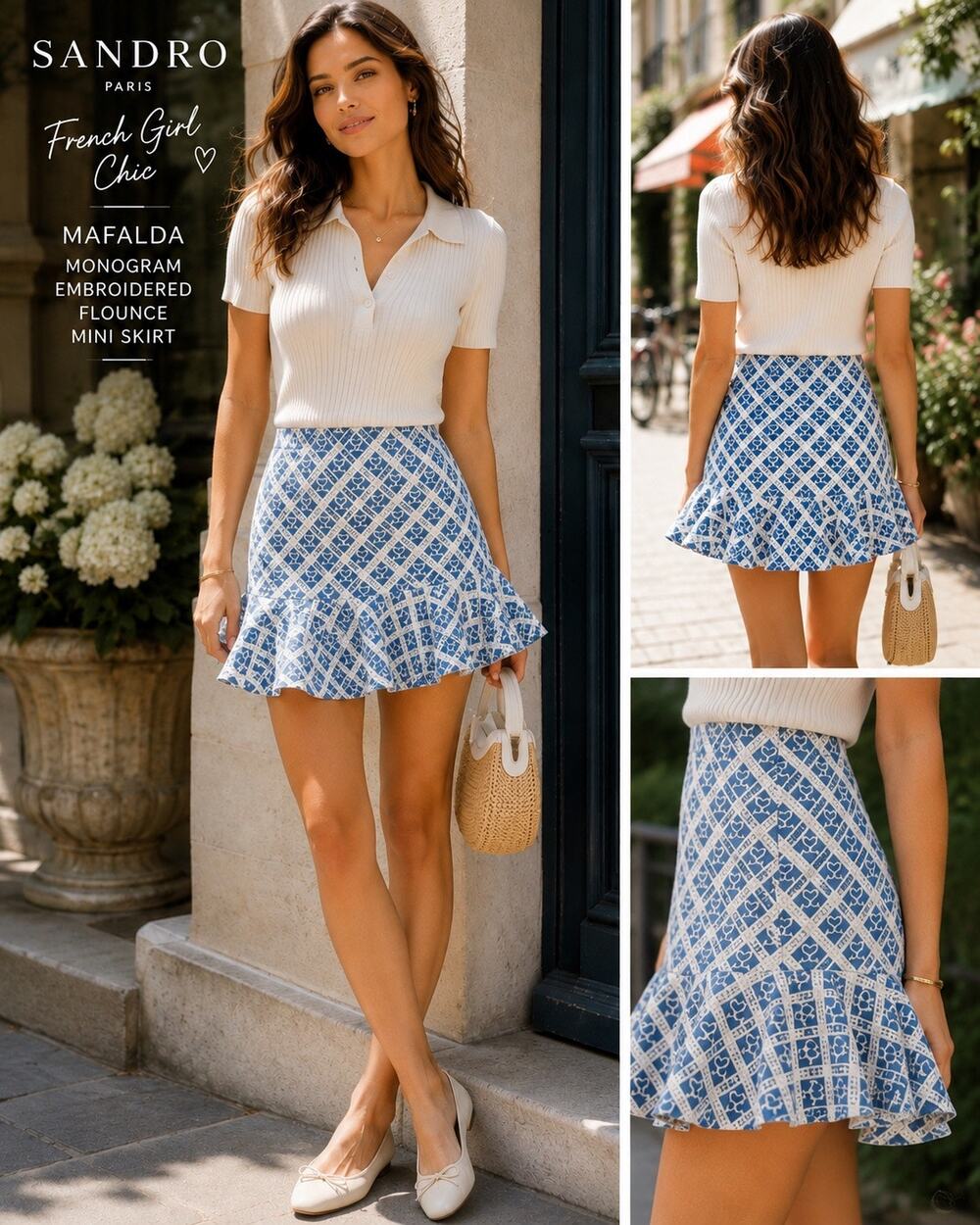 French Girl Sandro Mafalda Monogram Embroidered Romantic Flounce Mini Skirt Blue